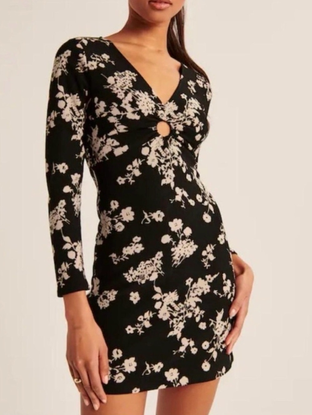 Abercrombie & Fitch Black Floral Long-Sleeve Ring-Front Mini Dress